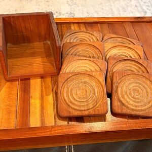 Goodwood Genuine Teak Wood 8 Square Coasters w Holder Thailand MCM